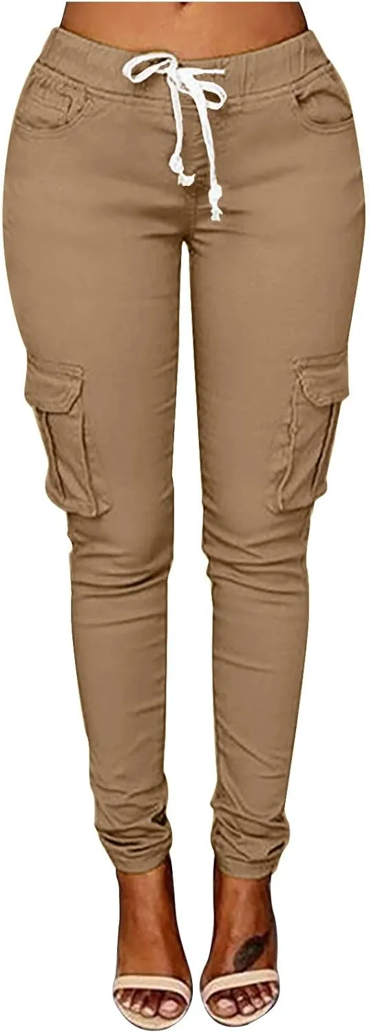 Womens Skinny Cargo Pants Casual Drawstring High Waist Stretch Cargo Joggers Butt Lift Pencil Trousers with Pockets