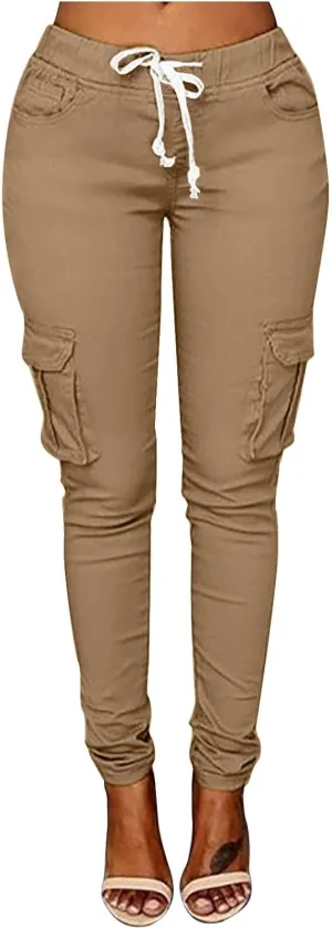 Womens Skinny Cargo Pants Casual Drawstring High Waist Stretch Cargo Joggers Butt Lift Pencil Trousers with Pockets