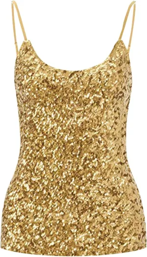 Womens Sparkle Sequin Tank Tops Spaghetti Strap Shining Camisole Vest Glitter Nightclub Disco Sleeveless Clothing