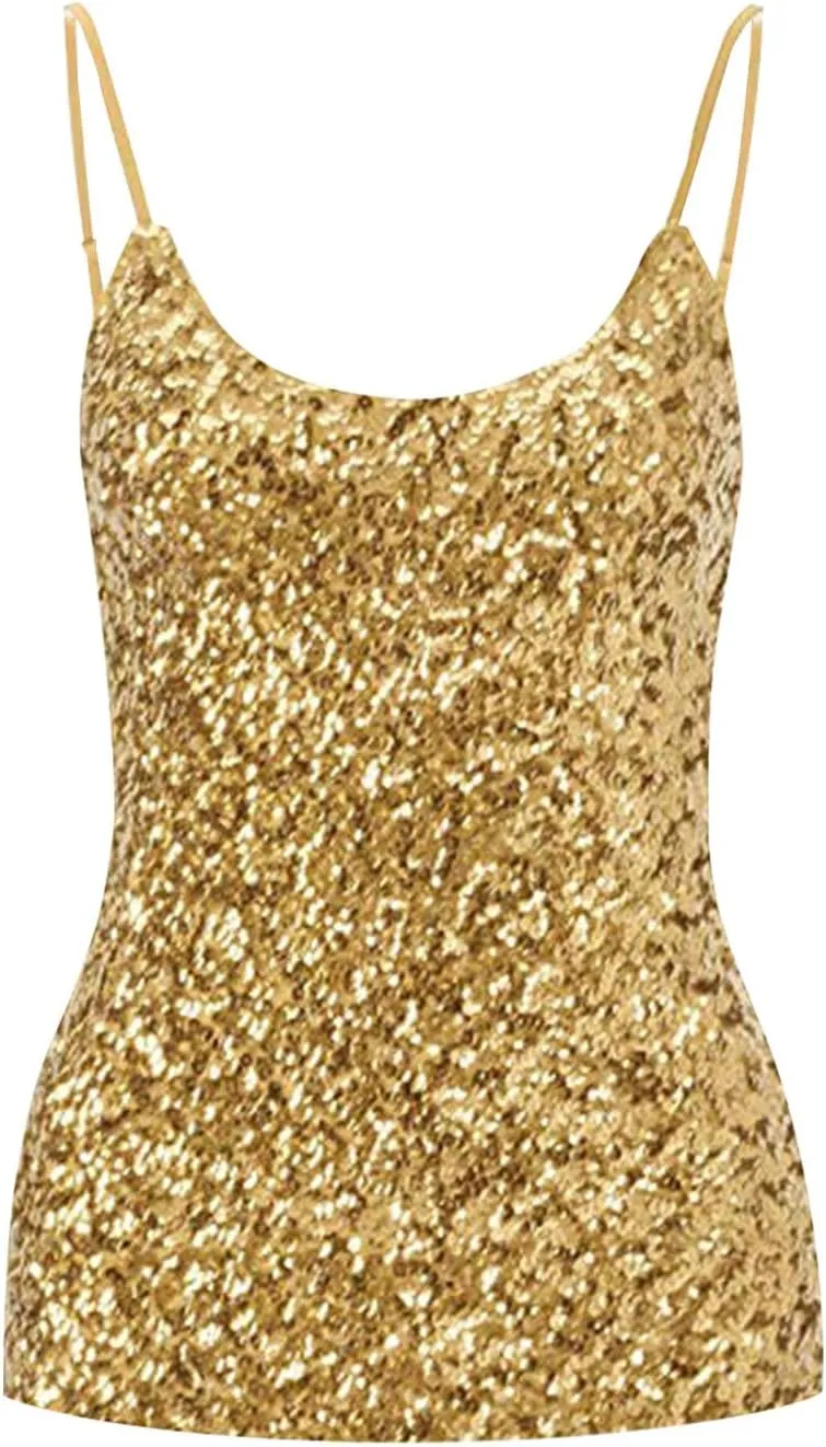 Womens Sparkle Sequin Tank Tops Spaghetti Strap Shining Camisole Vest Glitter Nightclub Disco Sleeveless Clothing