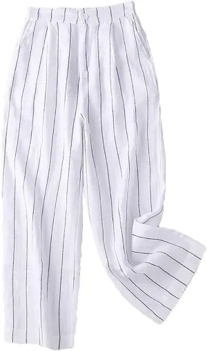 Womens Striped Cotton Linen Pants, Summer Lightweight Boho Slacks Wide Leg High Waisted Lounge Trousers with Pockets