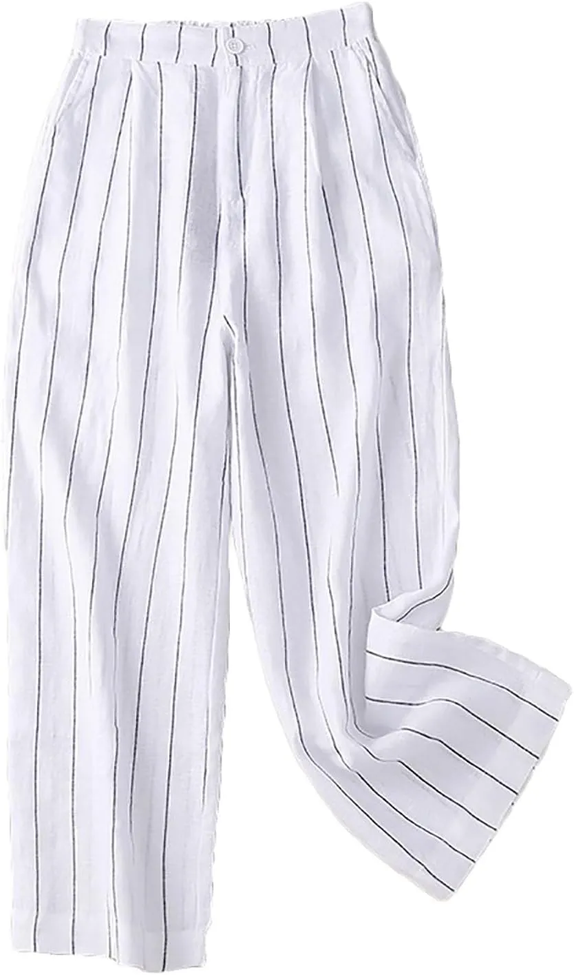 Womens Striped Cotton Linen Pants, Summer Lightweight Boho Slacks Wide Leg High Waisted Lounge Trousers with Pockets