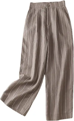Womens Striped Cotton Linen Pants, Summer Lightweight Boho Slacks Wide Leg High Waisted Lounge Trousers with Pockets