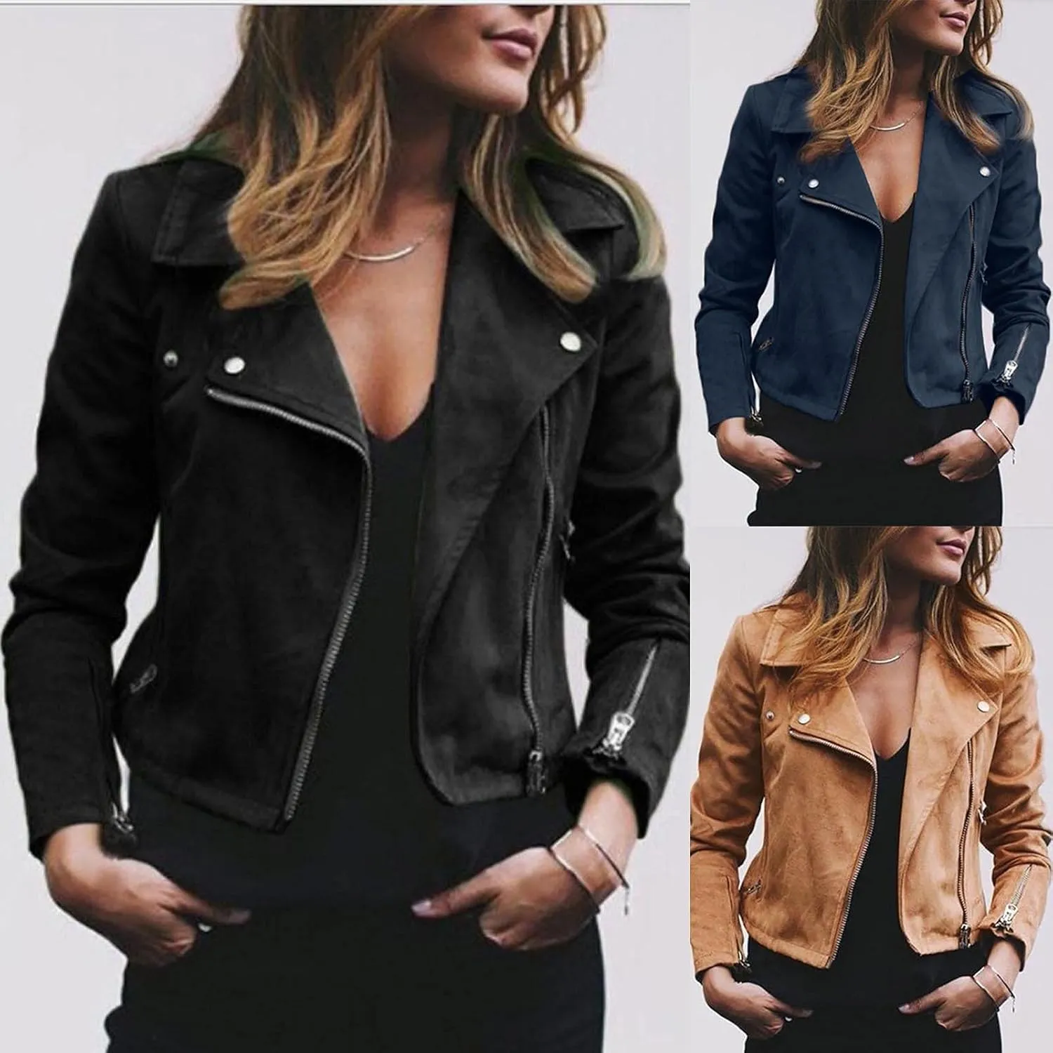 Women's Suede Cropped Jacket Faux Leather Jacket Women Vintage Coats Zip Up Motorcycle Jacket Open Front Cardigan Coat