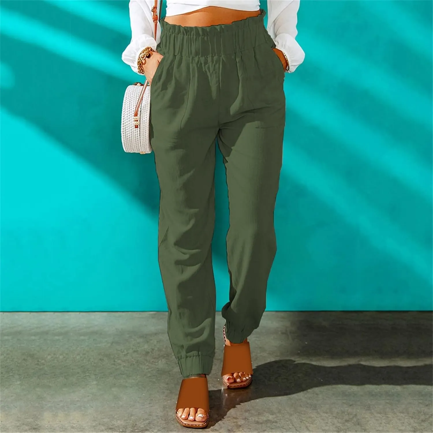 Women's Summer Cotton Linen Pants High Elastic Waisted Straight Leg Casual Pants Trendy Beach Trousers with Pockets