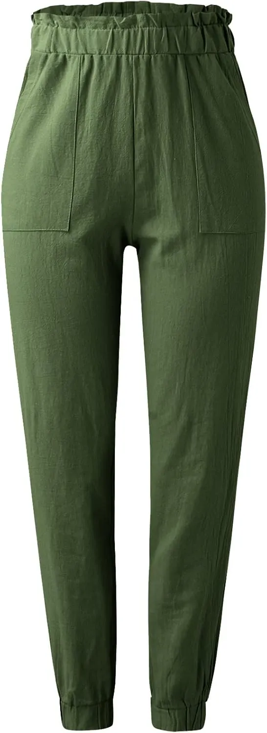 Women's Summer Cotton Linen Pants High Elastic Waisted Straight Leg Casual Pants Trendy Beach Trousers with Pockets
