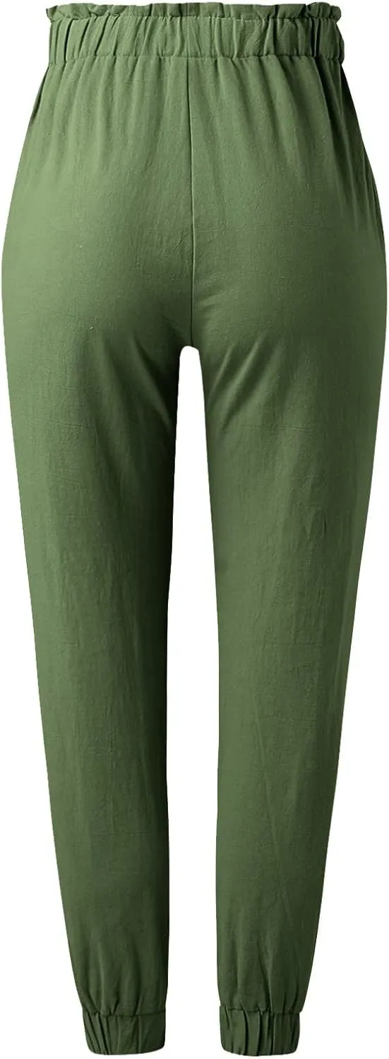 Women's Summer Cotton Linen Pants High Elastic Waisted Straight Leg Casual Pants Trendy Beach Trousers with Pockets