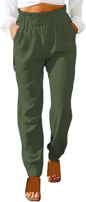 Women's Summer Cotton Linen Pants High Elastic Waisted Straight Leg Casual Pants Trendy Beach Trousers with Pockets
