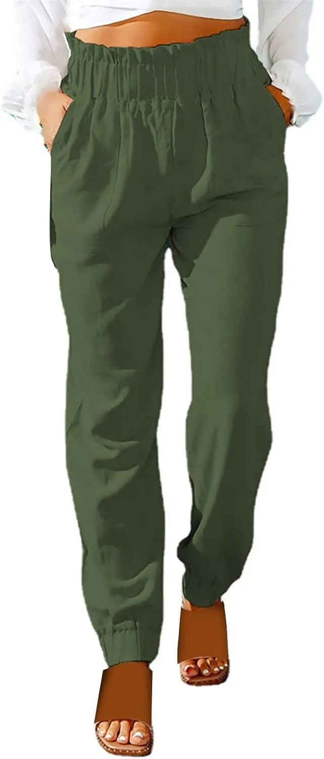 Women's Summer Cotton Linen Pants High Elastic Waisted Straight Leg Casual Pants Trendy Beach Trousers with Pockets
