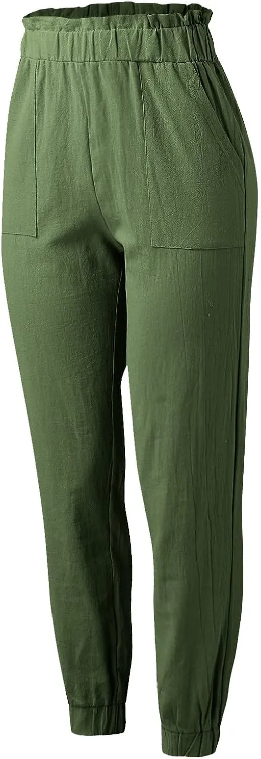 Women's Summer Cotton Linen Pants High Elastic Waisted Straight Leg Casual Pants Trendy Beach Trousers with Pockets