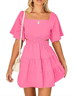 Women's Summer Dresses Square Neck Casual Short Sleeves Crossover Elastic Waist Party Mini Dress