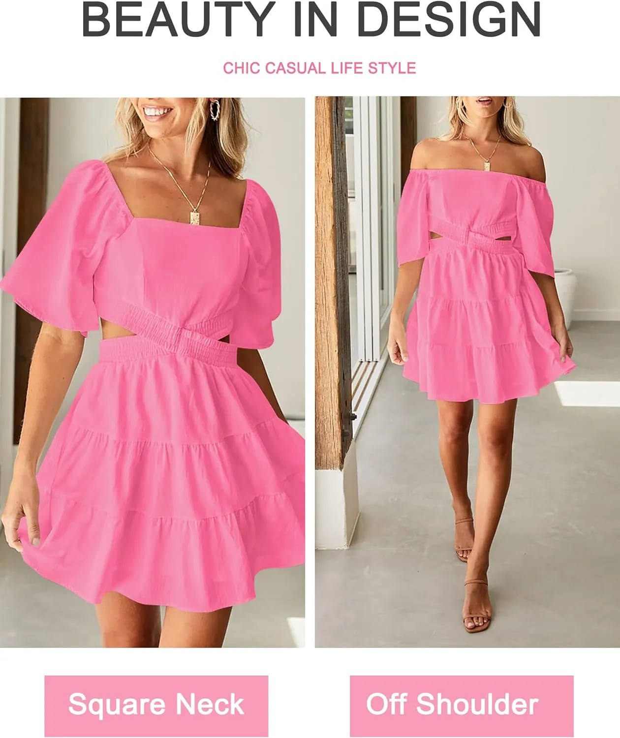 Women's Summer Dresses Square Neck Casual Short Sleeves Crossover Elastic Waist Party Mini Dress
