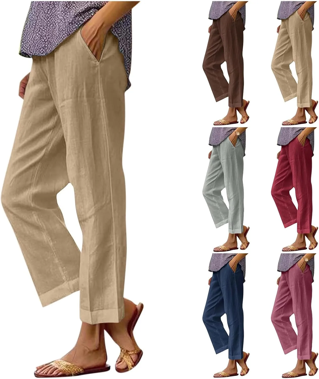 Womens Summer Linen Pants Wide Straight Leg Trousers Lightweight Solid Color Beach Pants with Pockets