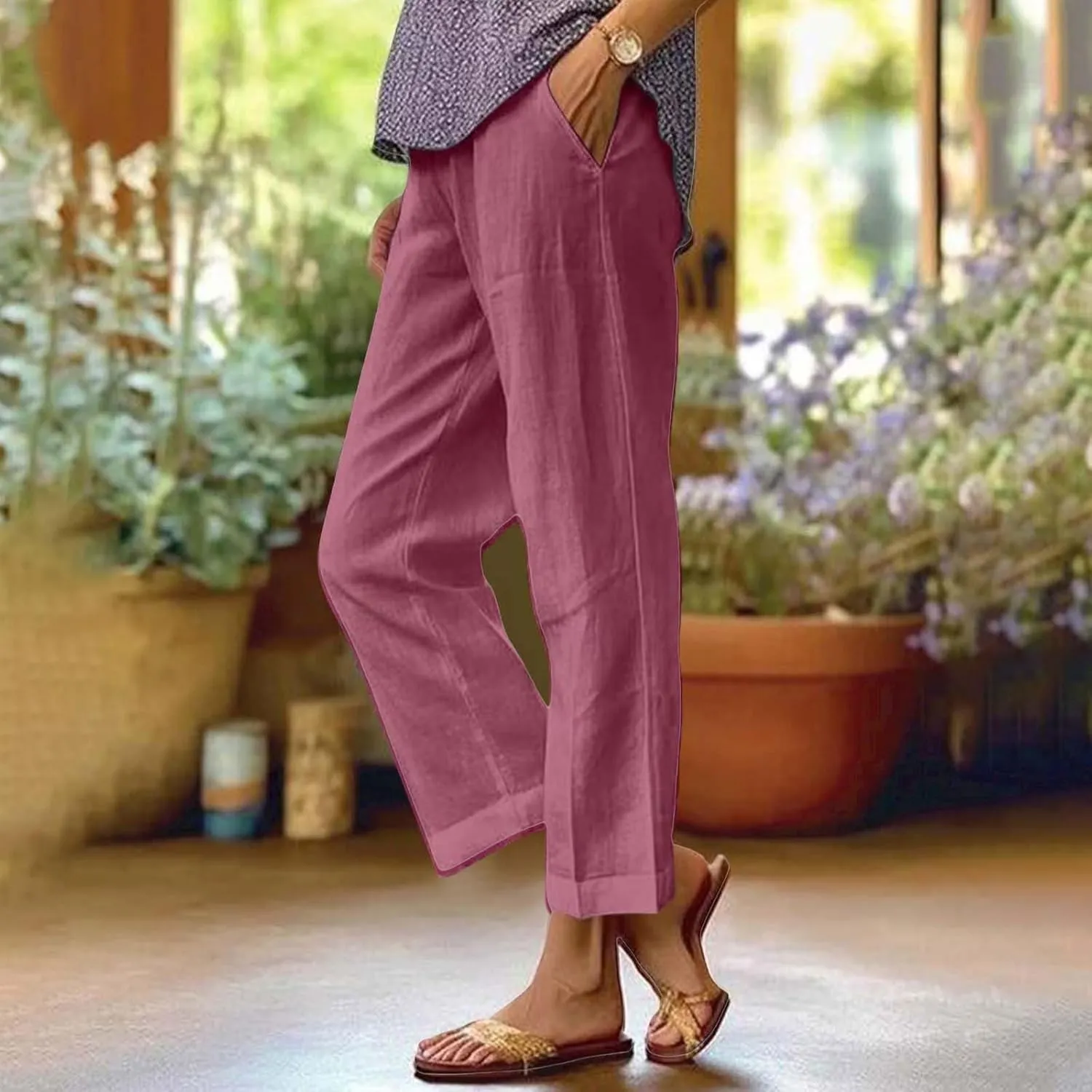 Womens Summer Linen Pants Wide Straight Leg Trousers Lightweight Solid Color Beach Pants with Pockets