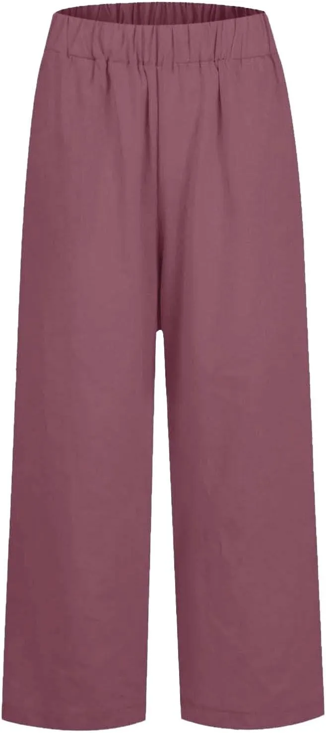 Womens Summer Linen Pants Wide Straight Leg Trousers Lightweight Solid Color Beach Pants with Pockets