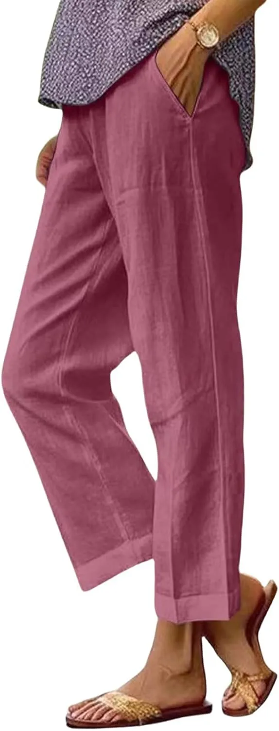 Womens Summer Linen Pants Wide Straight Leg Trousers Lightweight Solid Color Beach Pants with Pockets