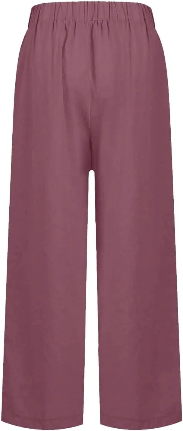 Womens Summer Linen Pants Wide Straight Leg Trousers Lightweight Solid Color Beach Pants with Pockets
