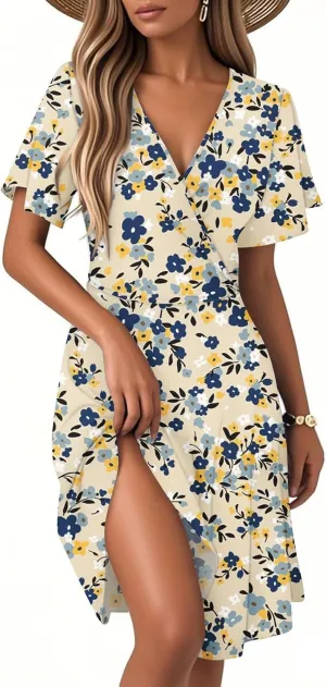Womens Sundress Summer Casual Swing Floral Short Sleeve Beach Vacation Dresses Wrap V Neck A-Line Midi Dress 2025