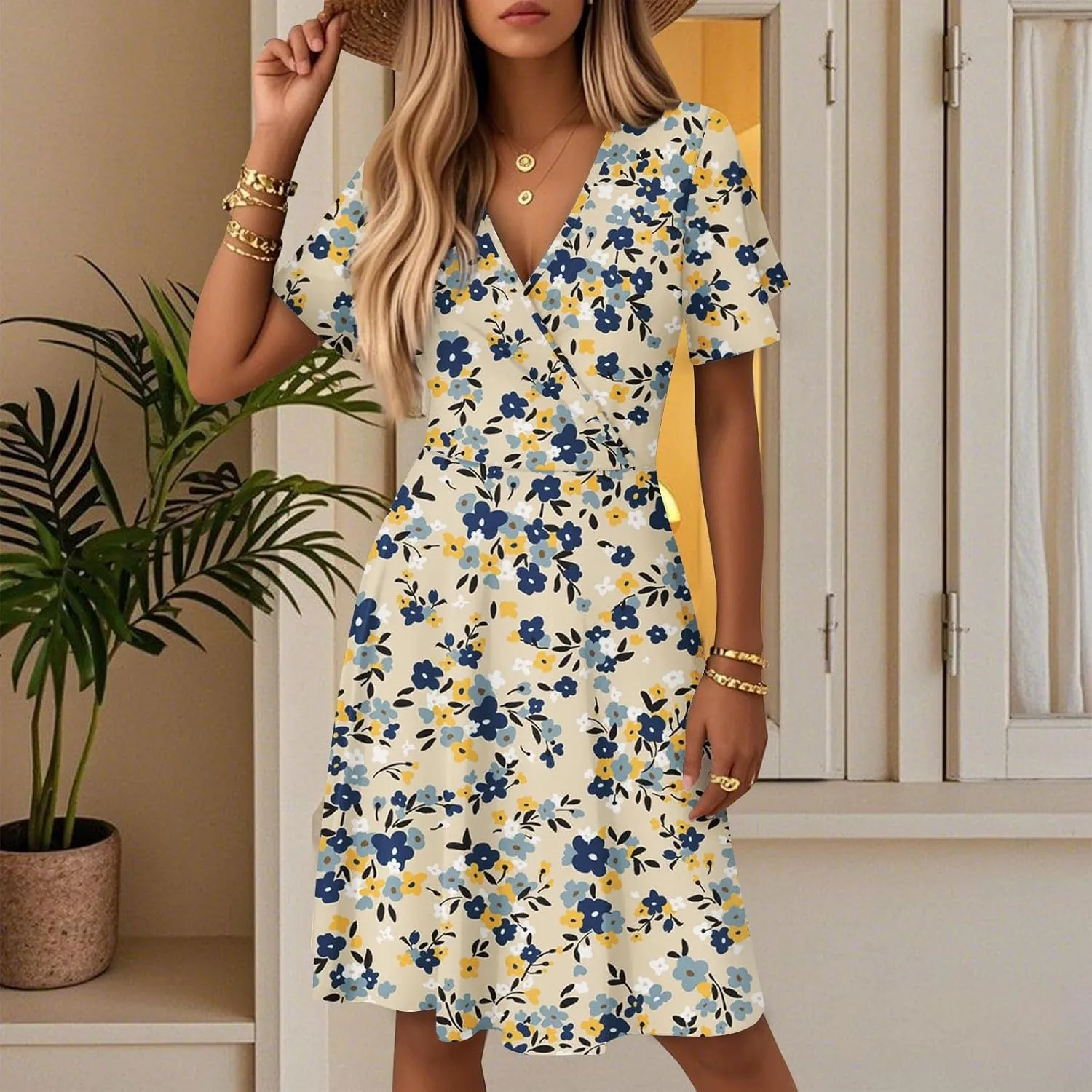 Womens Sundress Summer Casual Swing Floral Short Sleeve Beach Vacation Dresses Wrap V Neck A-Line Midi Dress 2025