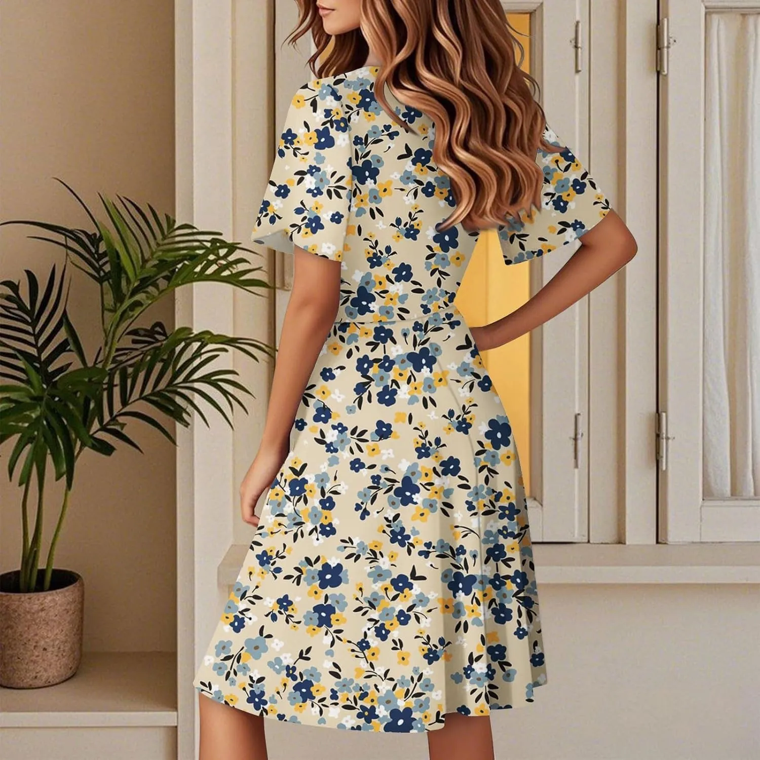 Womens Sundress Summer Casual Swing Floral Short Sleeve Beach Vacation Dresses Wrap V Neck A-Line Midi Dress 2025