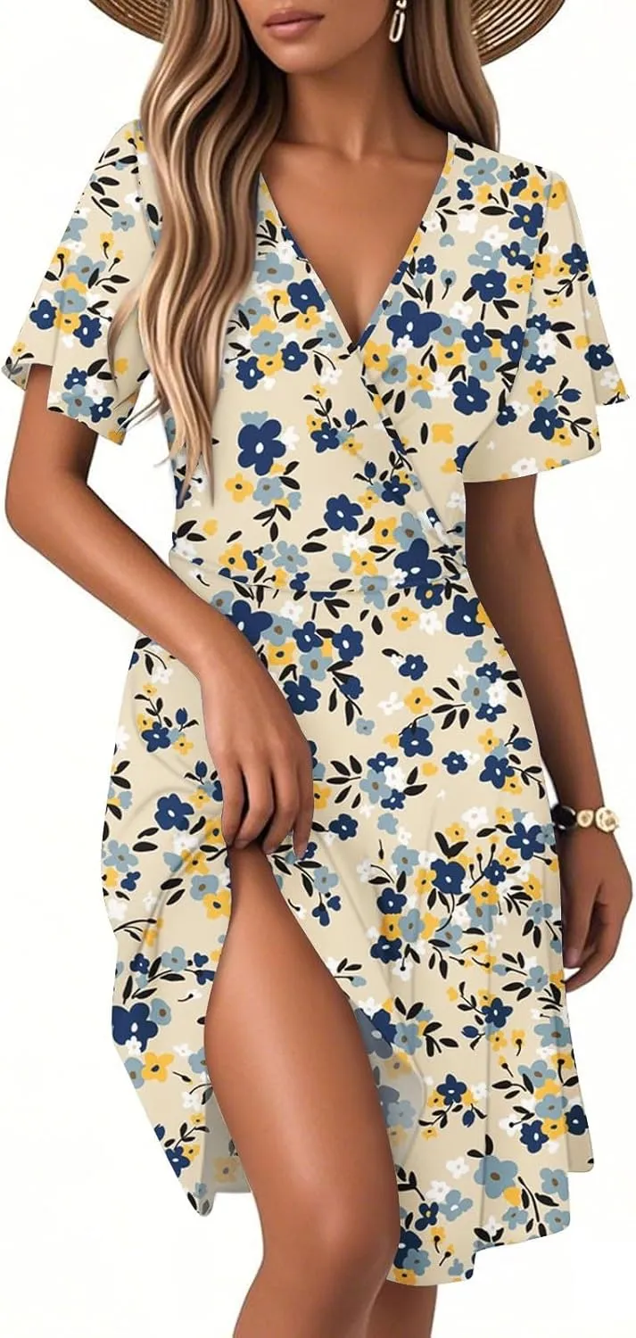 Womens Sundress Summer Casual Swing Floral Short Sleeve Beach Vacation Dresses Wrap V Neck A-Line Midi Dress 2025
