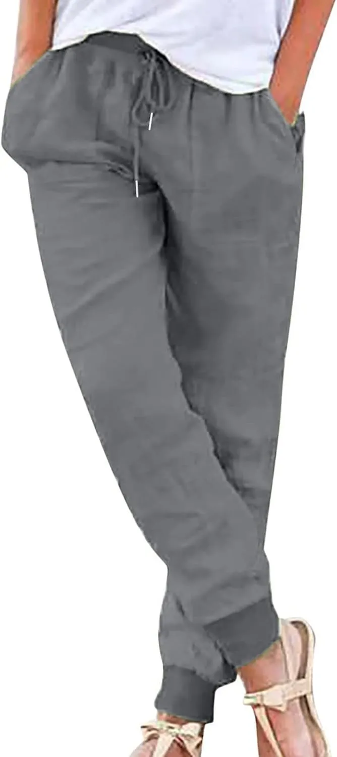 Womens Tapered Pants Cotton Linen Casual Trousers Lightweight Drawstring Travel Beach Joggers Slacks with Pockets