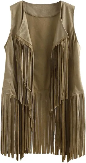 Womens Tassel Suede Vest Sleeveless Fringe Jacket 70s Hippie Vest Cowgirl Western Faux Suede Tassel Leather Outerwear
