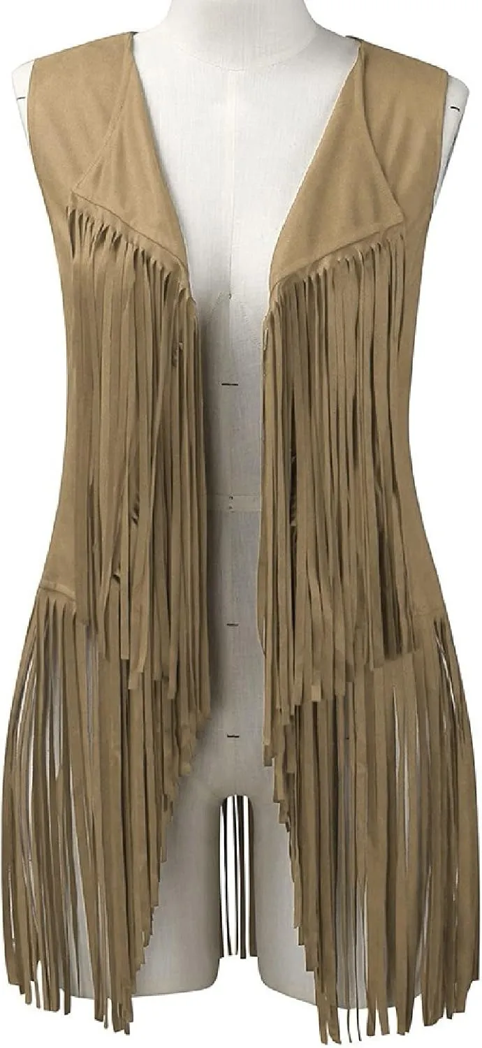 Womens Tassel Suede Vest Sleeveless Fringe Jacket 70s Hippie Vest Cowgirl Western Faux Suede Tassel Leather Outerwear