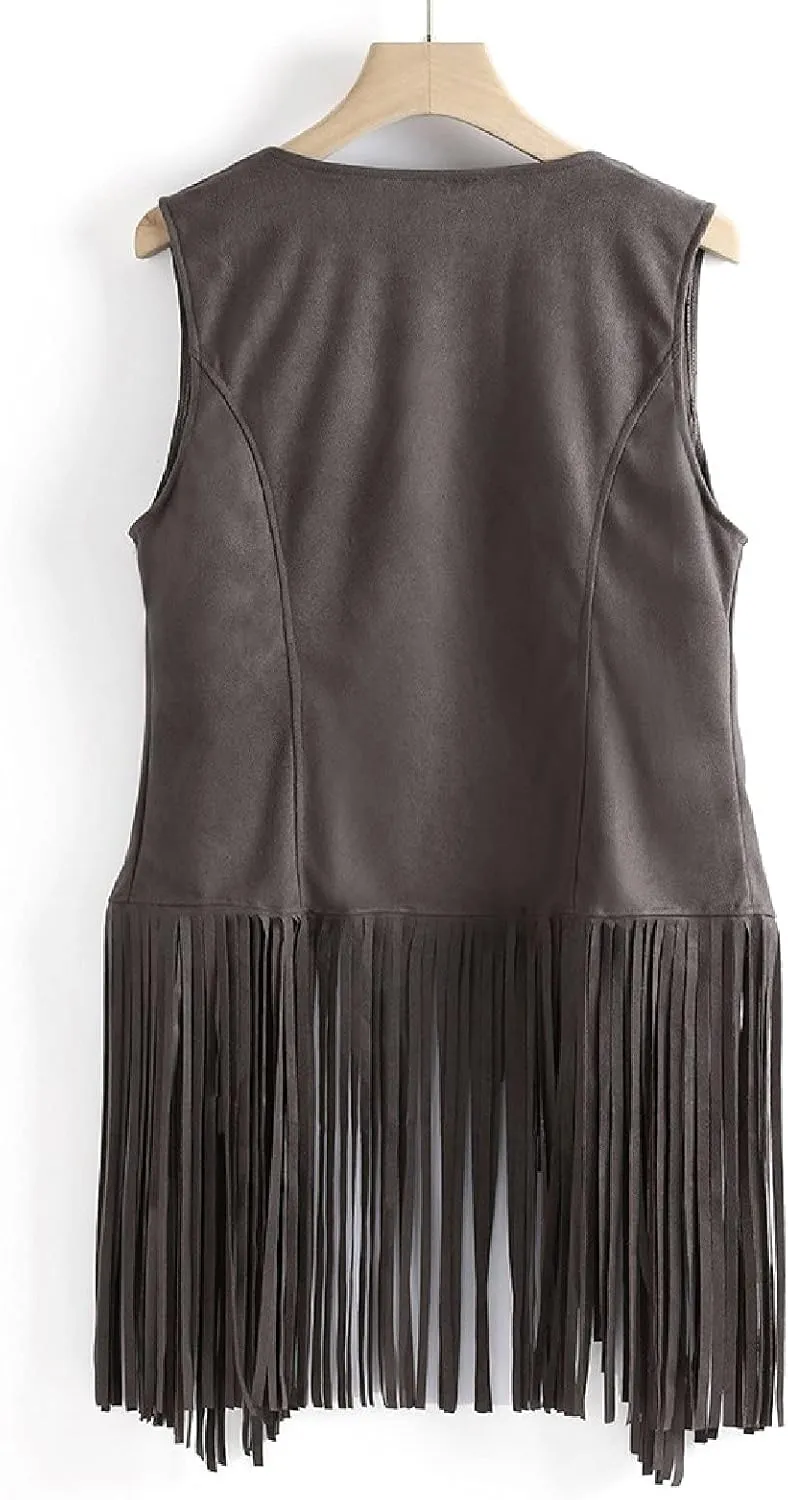 Womens Tassel Suede Vest Sleeveless Fringe Jacket 70s Hippie Vest Cowgirl Western Faux Suede Tassel Leather Outerwear