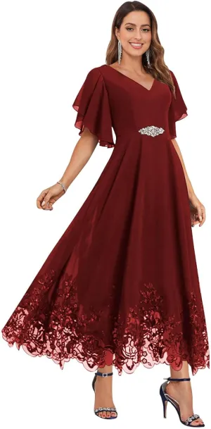 Women's Tea Length Mother of The Bride Dresses for Wedding Ruffle Sleeves Chiffon Lace Formal Evening Gowns