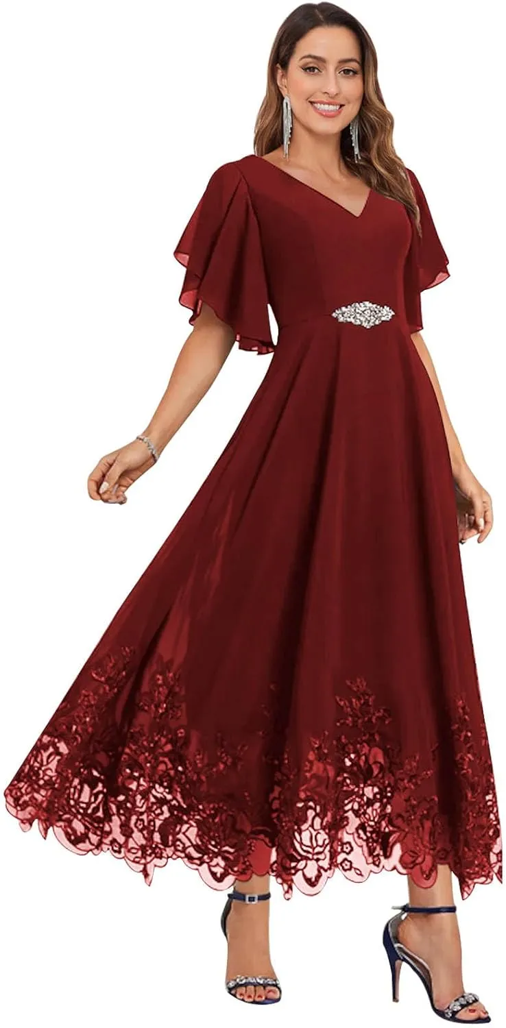 Women's Tea Length Mother of The Bride Dresses for Wedding Ruffle Sleeves Chiffon Lace Formal Evening Gowns