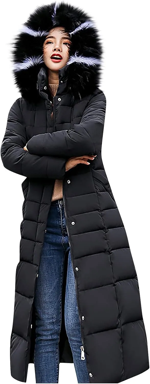 Womens Thick Warm Winter Coats Trendy Furry Hooded Puffer Jacket Plain Padded Cotton Down Jackets Long Outwear
