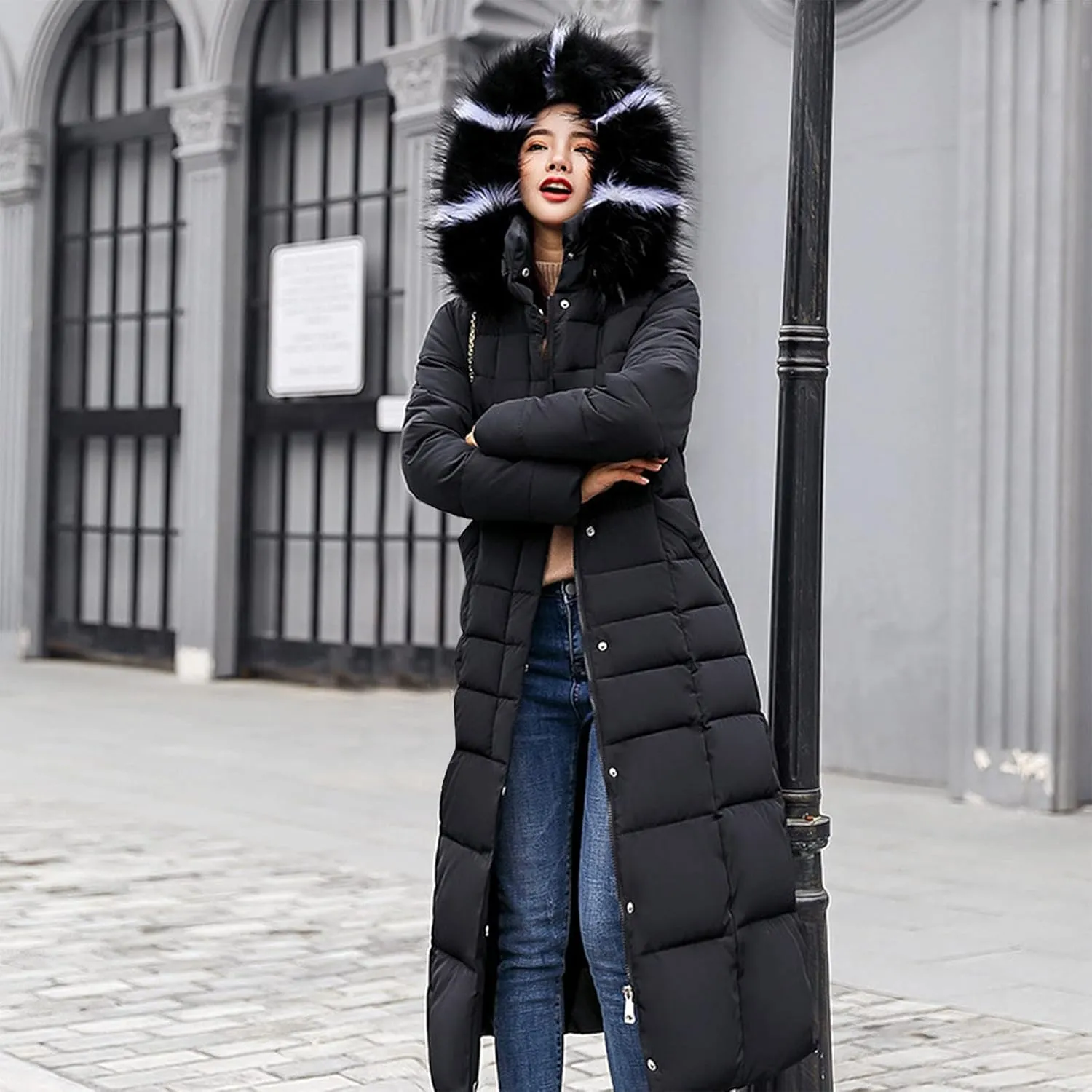 Womens Thick Warm Winter Coats Trendy Furry Hooded Puffer Jacket Plain Padded Cotton Down Jackets Long Outwear