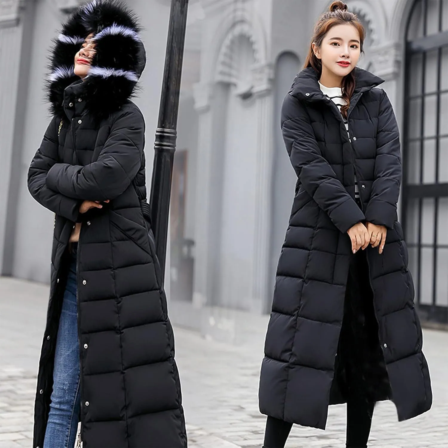 Womens Thick Warm Winter Coats Trendy Furry Hooded Puffer Jacket Plain Padded Cotton Down Jackets Long Outwear