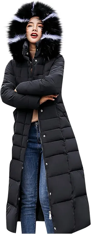 Womens Thick Warm Winter Coats Trendy Furry Hooded Puffer Jacket Plain Padded Cotton Down Jackets Long Outwear