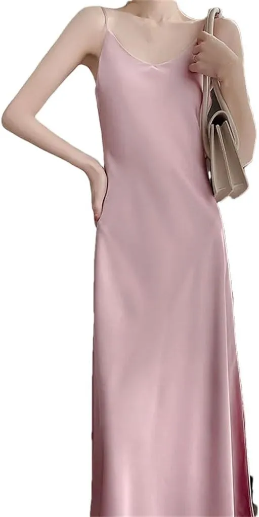 Women's V-Neck Satin Dress Sleeveless Camisole Long Slim Fit Camisole Dress
