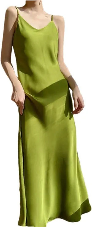 Women's V-Neck Satin Dress Sleeveless Camisole Long Slim Fit Camisole Dress