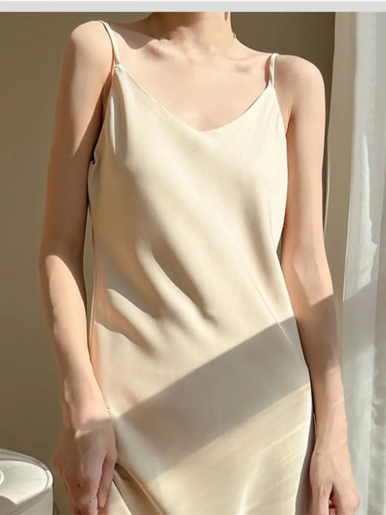 Women's V-Neck Satin Dress Sleeveless Camisole Long Slim Fit Camisole Dress
