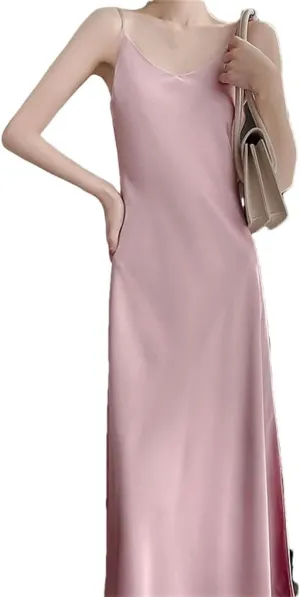 Women's V-Neck Satin Dress Sleeveless Camisole Long Slim Fit Camisole Dress