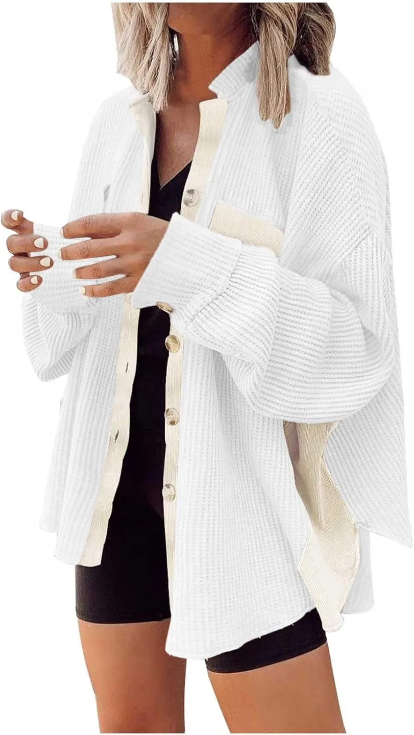Womens Waffle Knit Button Down Shirts Casual Long Sleeve Shacket Jacket Fall Fashion 2023 Outerwear Jackets Coats
