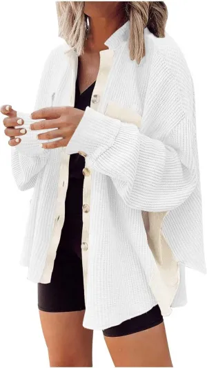 Womens Waffle Knit Button Down Shirts Casual Long Sleeve Shacket Jacket Fall Fashion 2023 Outerwear Jackets Coats