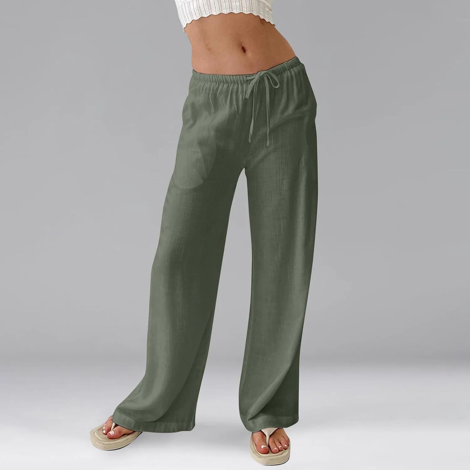 Women's Wide Leg Long Pants Summer Cotton Linen Drawstring Elastic Waist Palazzo Pants Beach Vacation Flowy Trousers