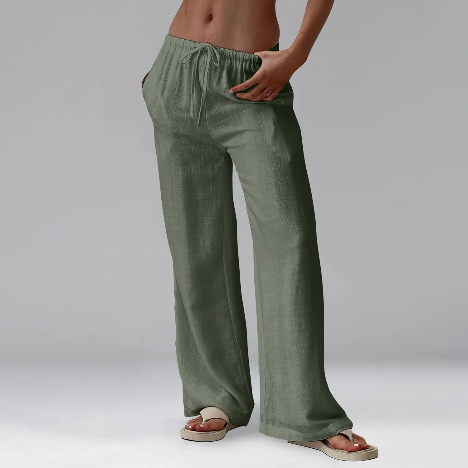 Women's Wide Leg Long Pants Summer Cotton Linen Drawstring Elastic Waist Palazzo Pants Beach Vacation Flowy Trousers