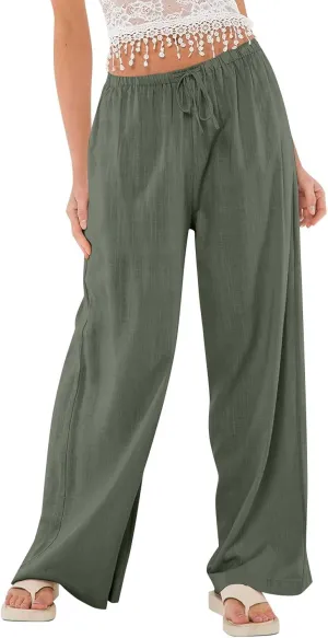 Women's Wide Leg Long Pants Summer Cotton Linen Drawstring Elastic Waist Palazzo Pants Beach Vacation Flowy Trousers