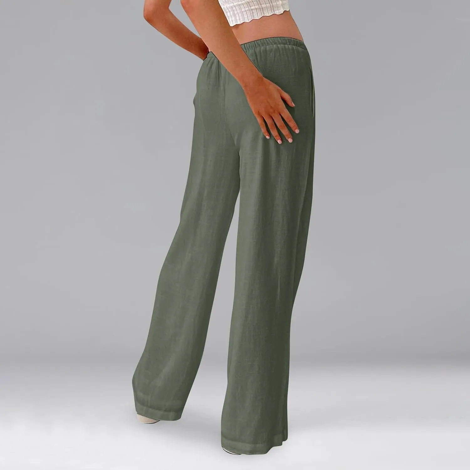 Women's Wide Leg Long Pants Summer Cotton Linen Drawstring Elastic Waist Palazzo Pants Beach Vacation Flowy Trousers