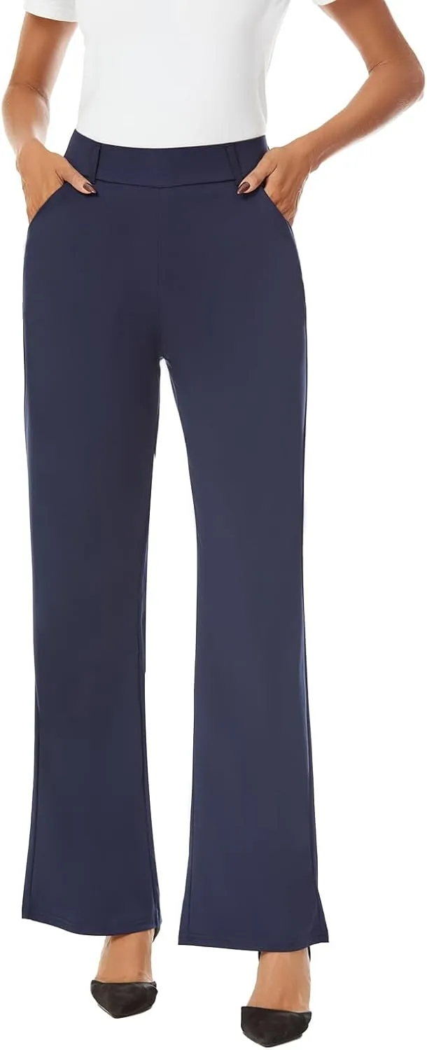 Womens Wide Straight Leg Pull-On Trousers Casual Slacks Dress Pants with Pockets