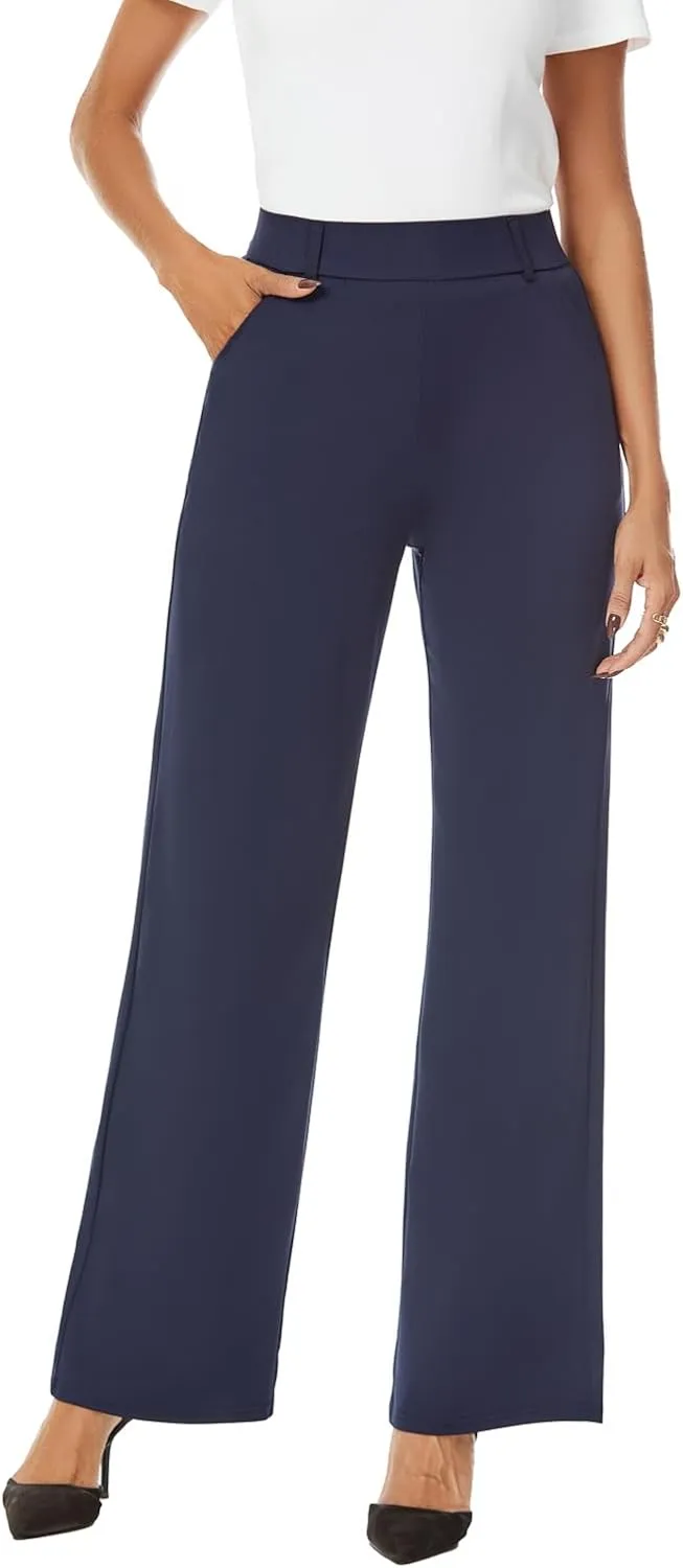 Womens Wide Straight Leg Pull-On Trousers Casual Slacks Dress Pants with Pockets