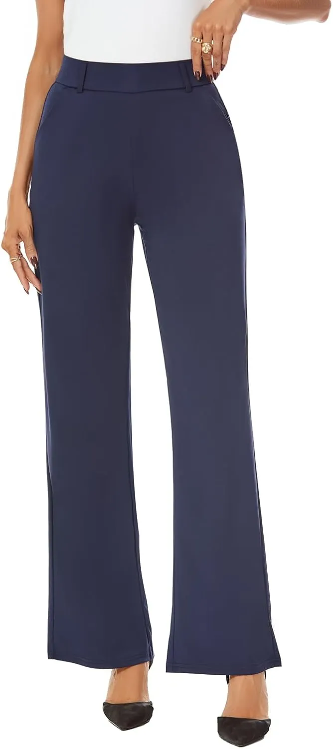 Womens Wide Straight Leg Pull-On Trousers Casual Slacks Dress Pants with Pockets