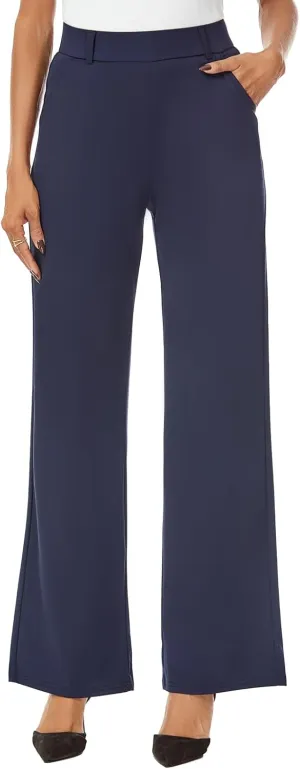 Womens Wide Straight Leg Pull-On Trousers Casual Slacks Dress Pants with Pockets