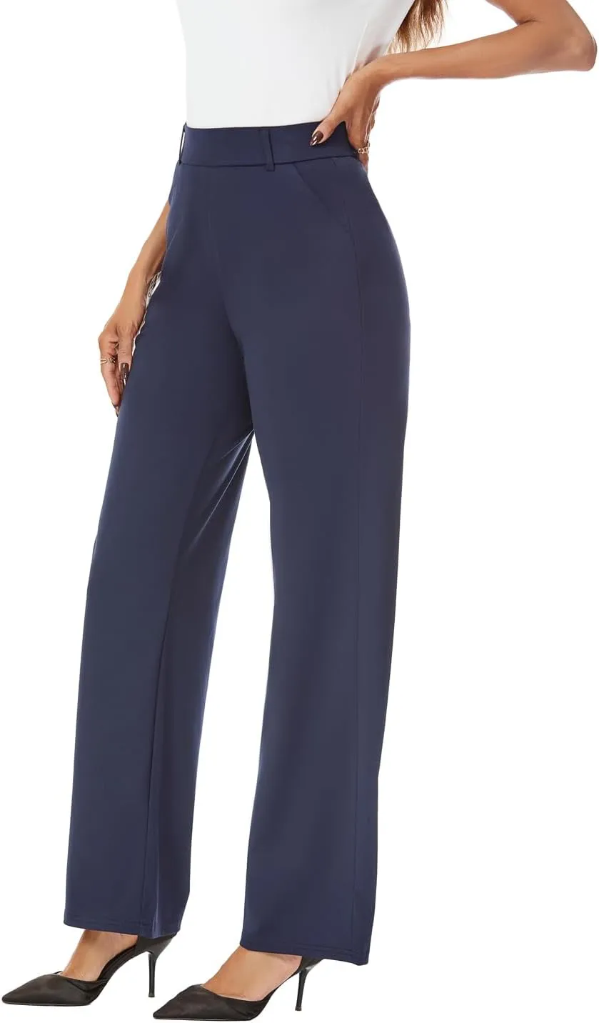 Womens Wide Straight Leg Pull-On Trousers Casual Slacks Dress Pants with Pockets